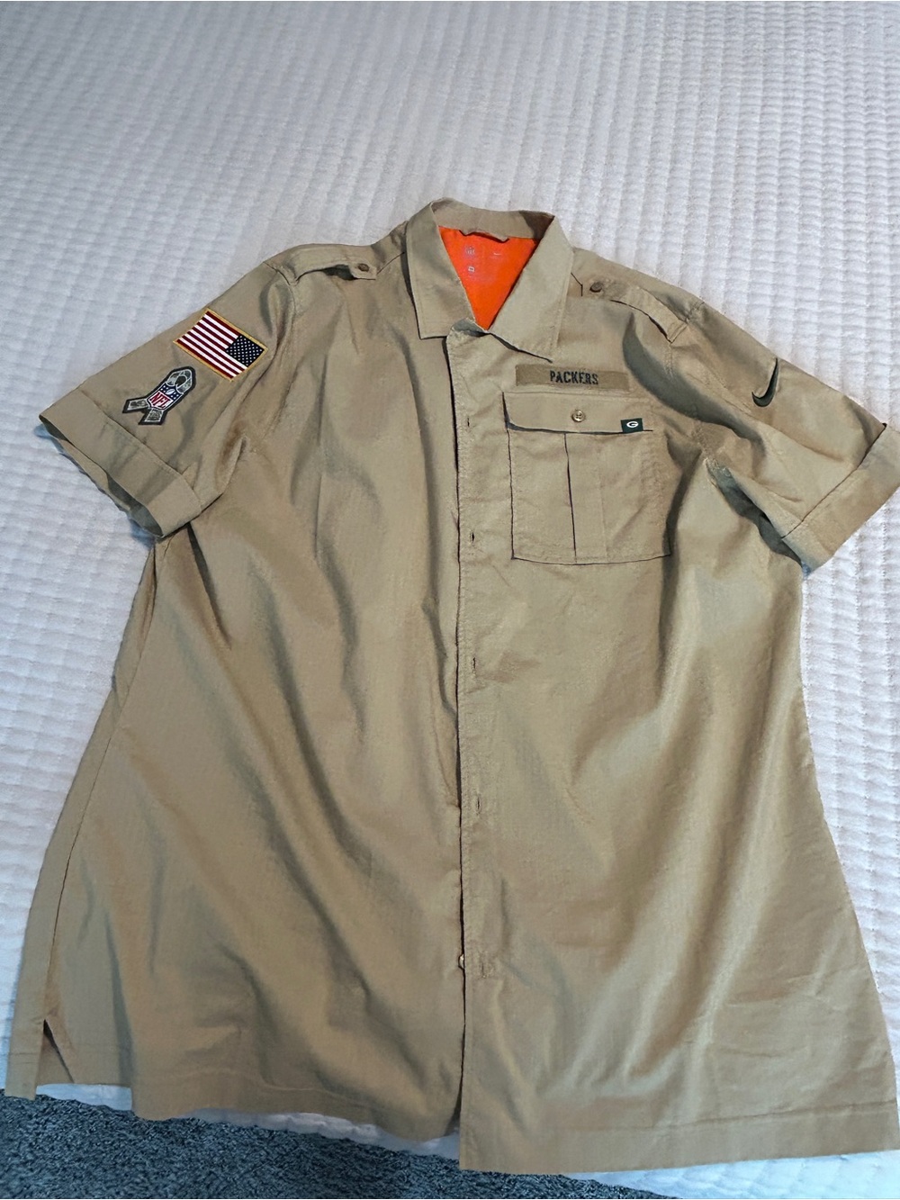 NFL Khaki Short-Sleeve Shirt Jacket with Orange Lining